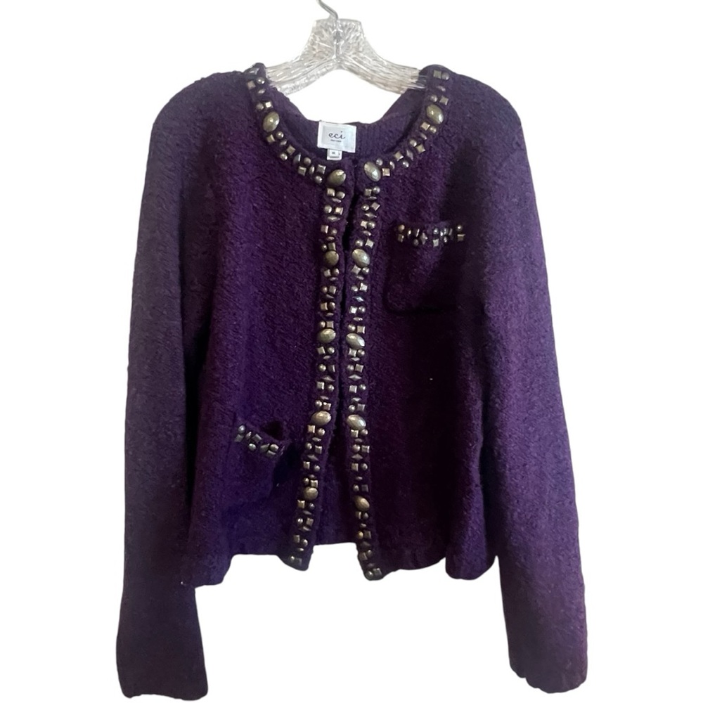 ECI Purple Cardigan  jeweled beaded Size XL pockets hook closure elegant fun